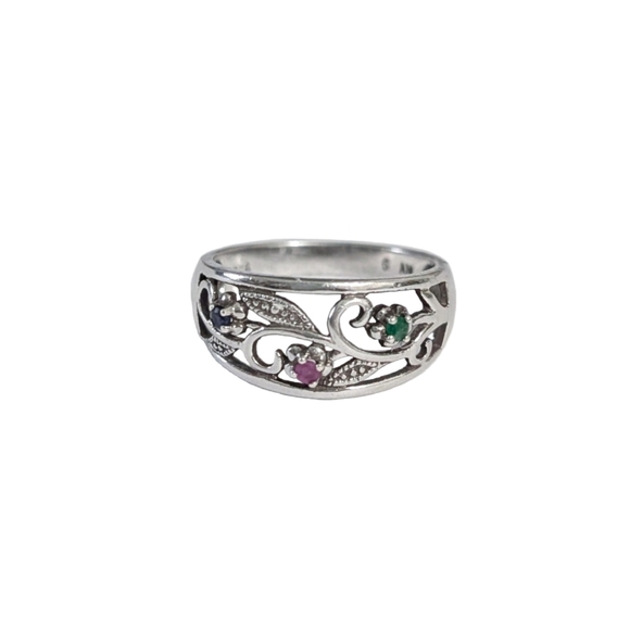 Vintage Avon ring Sterling silverRuby Emerald Sapphire Flower floral Vine 925 - Picture 1 of 6